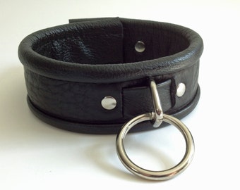 Custom Made Black Bullhide Leather Collar with Rolled Cowhide Edges