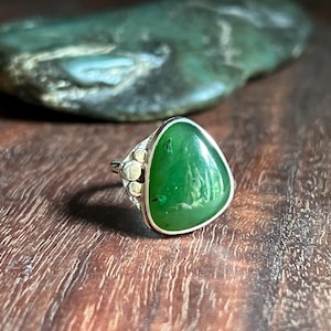 Siberian Green Jade Ring – Size 7.5 | Sterling Silver & 14k Gold Accents