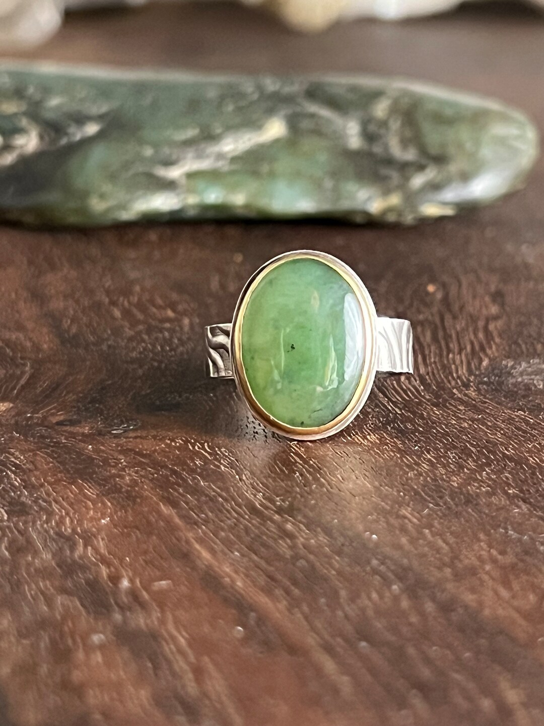 Big Sur Jade Oval Ring With Wood Texture Set in 22k Gold Bezel Etsy