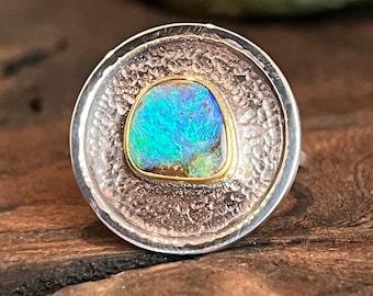 Boulder Opal Ring: 22k Gold Bezel, Sterling Silver, Size 7