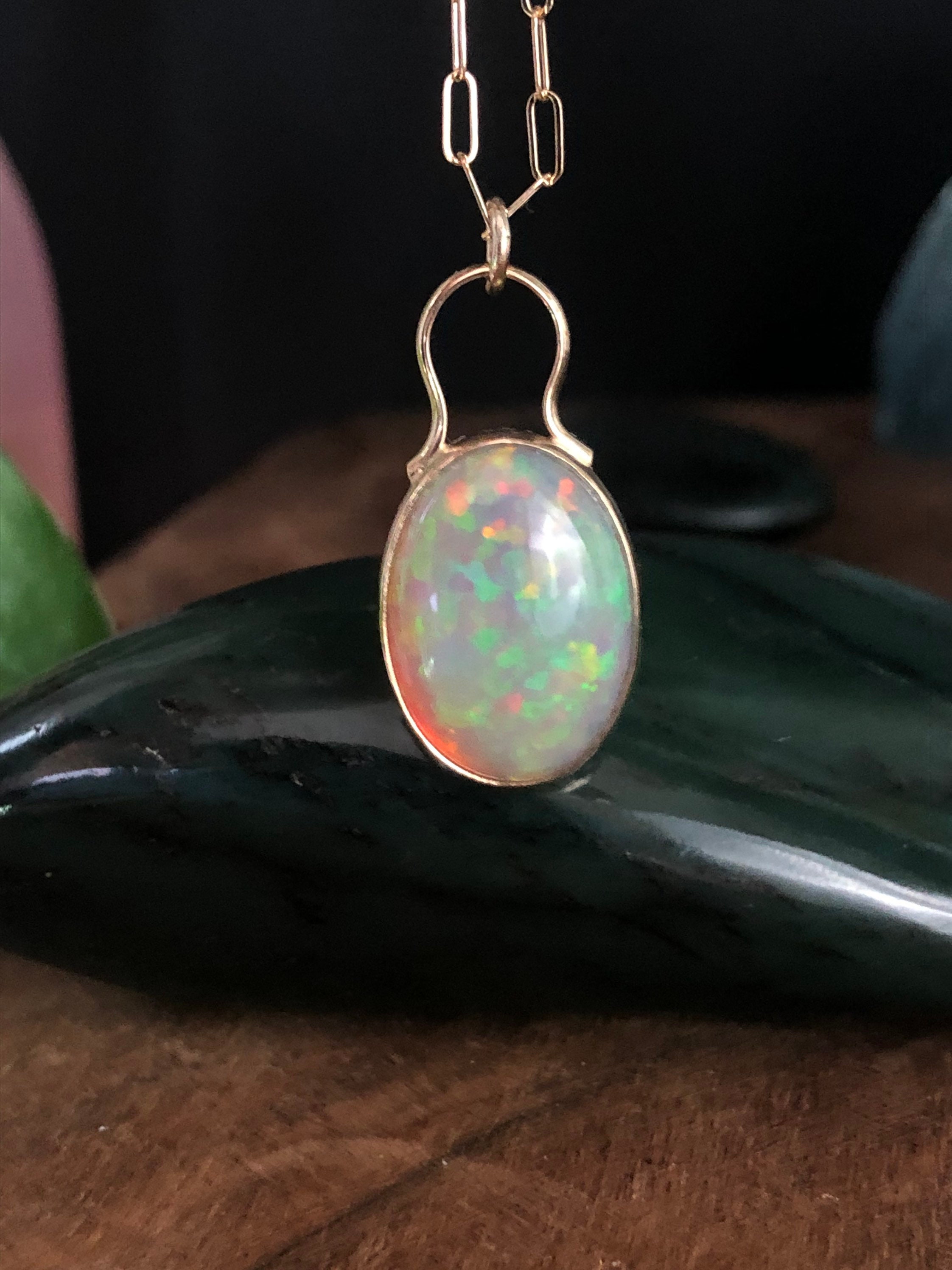 Dark Grey Base Pinfire Ethiopian opal (8.5) set in solid 14k gold on 18 inch solid gold chain