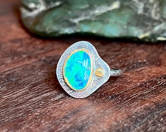 Australian Opal Ring: 22K Gold & Sterling Silver, Handmade Size 7 3/4