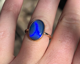 Australian Lightning Ridge Opal Ring: 18k Gold Bezel, Blue Flash (Size 7.5)