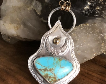 Mine 8 turquoise Moon Goddess pendant with gold accents 20 inch chain sterling silver