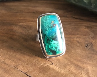 Arizona Gem silica and malachite ring set in 18k gold and silver size 8