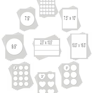 May include: Assortment of sticker sheets in various sizes and shapes. Includes round, heart, and rectangular stickers. Sizes range from 1.5 inches to 10.5 inches by 16.5 inches.