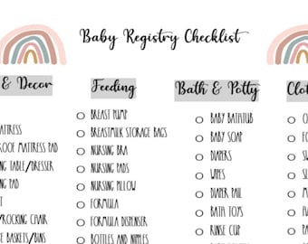 Könnte beinhalten: Eine Checkliste für Baby-Geschenklistenartikel mit Kategorien für Kinderzimmer und Dekoration, Fütterung, Baden und Töpfchen sowie Kleidung. Jede Kategorie enthält eine Liste von Artikeln mit Kontrollkästchen daneben.