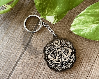 Luna Moth Wood Keychain, Moon Moth Keychain, Moth Keychain, Mystic Keychain, Witch Keychain, Mystical, Occult, Wiccan, Witchy, Black Keytag