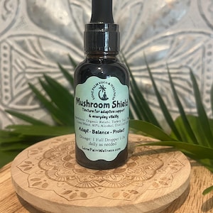 Puede incluir: Un frasco cuentagotas de vidrio ámbar oscuro con la etiqueta Mushroom Shield de Lone Palm Yoga & Wellness. La etiqueta enumera ingredientes como Reishi orgánico, Turkey Tail y Lion's Mane, junto con la dosis y el sitio web LonePalmWellness.com.