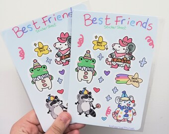 Silly Best Friends, A5 Sticker Sheet, Cute, Fun, Opossum, Frog, Raccoon Sticker Sheet