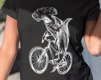 Hammerhead Shark Cycling Bicycle Women's T-Shirt Gift for Her Girlfriend Gift for Birthday Tee Wife Gift Shark Shirt Gifts for Mom SEEMBO