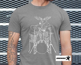 Moose Playing Drums T-Shirt, Funny Drummer Shirt for Men, Drummer Gifts, Music Shirt, Drumming Shirt, Animal Tee Rock Musician Tshirt SEEMBO