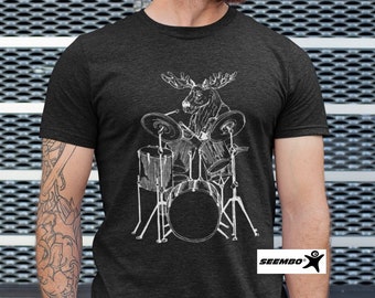 Moose Playing Drums T-Shirt, Funny Drummer Shirt for Men, Drummer Gifts, Music Shirt, Drumming Shirt, Animal Tee Rock Musician Tshirt SEEMBO