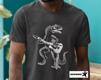 Dinosaur Playing Guitar T-Shirt, Funny Musician Gift SEEMBO