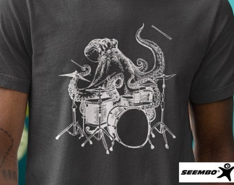 Poulpe jouant de la batterie T-shirt pour homme drôle batteur papa cadeau batteur mélomane tshirt batterie musicien chemise océan graphique t-shirt SEEMBO