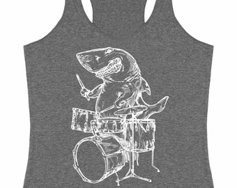 Shark Playing Drums Women's Tri-Blend Tank Top Gift for Girlfriend Wife Gift for Her Music Gifts for Mom Birthday Musicina Gift SEEMBO