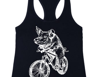 Pig Cycling Bicycle, Women's Poly-Cotton Tank Top, Gift for Her, Cycling Girlfriend Gift, Birthday Gifts for Women, Cyclist Mom Gift SEEMBO
