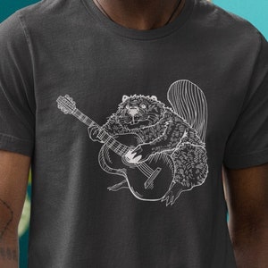 Beaver Playing Guitar Funny T-Shirt Gift for Men Cute Animal Shirt Guitar Lover Cool Rock Band Music Tshirt Awesome Forest Nature Tee SEEMBO