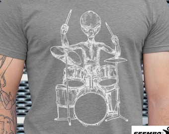 Alien Playing Drums Men's Tri-Blend T-Shirt Gift for Him Drummer Shirt Boyfriend Gift Husband Gift for Birthday Christmas Gifts Tee SEEMBO