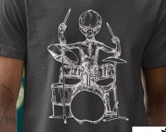 Alien jouant de la batterie T-shirt unisexe cadeau pour lui chemise extraterrestre batteur petit ami cadeau pour anniversaire cadeaux de Noël pour homme mari cadeau SEEMBO