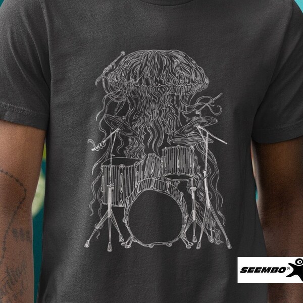 Jellyfish Playing Drums Unisex T-Shirt Gift for Musician Boyfriend Gift for Him Mens Gift for The Drummer Husband Birthday Gifts SEEMBO