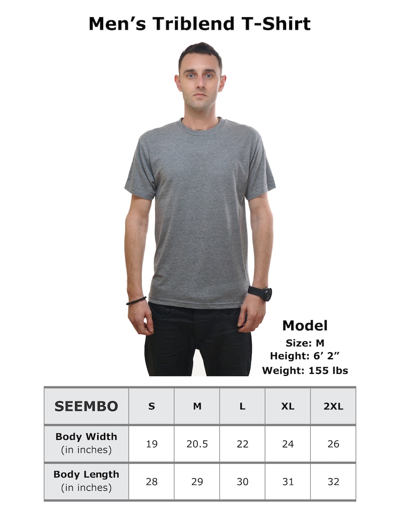 May include: A size chart for a triblend t-shirt showing measurements in inches for body width and length. The chart shows sizes S, M, L, XL, and 2XL. A model wearing a grey t-shirt is shown in the image.
