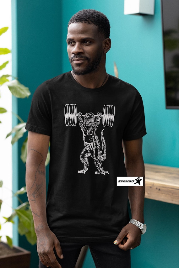 Dinosaur Lifting Barbells T-Shirt, Funny Workout Shirt for Men, Animal Lover Tshirt, Fitness Gifts, Weightlifting Shirt, Gym Shirts SEEMBO