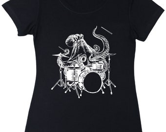 Octopus Playing Drums Women's Poly-Cotton T-Shirt Gift for Her, Girlfriend Gift for Birthday, Musician Wife Gift, Music Gifts for Mom SEEMBO