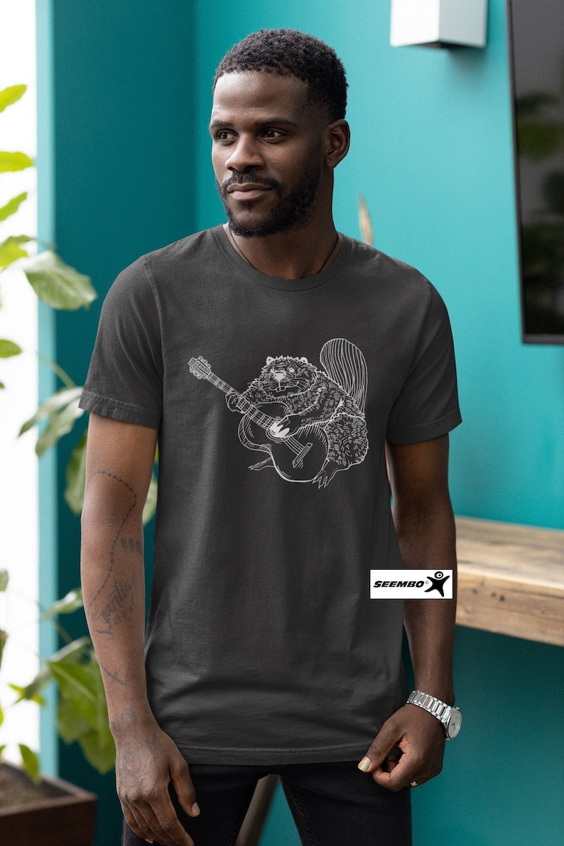 Beaver Playing Guitar Funny T-Shirt Gift for Men Cute Animal Shirt Guitar Lover Cool Rock Band Music Tshirt Awesome Forest Nature Tee SEEMBO