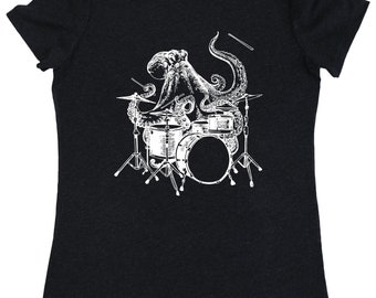 Octopus Playing Drums Women's Tri-Blend T-Shirt Gift for Her, Octopus Shirt Girlfriend Gift, Musician Shirt Drummer Gifts for Mom SEEMBO