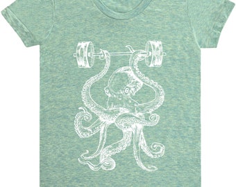 Octopus Weight Lifting Barbells Women's T-Shirt, Exercise Shirt Fitness Shirt, Gym Shirt Workout Shirt, Training Sport Athletic Yoga SEEMBO