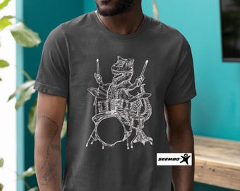 Dinosaur Drummer T-Shirt, Gift for Him, Funny Music Tee