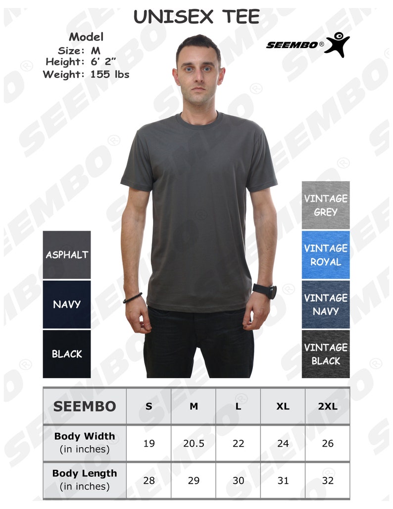 Puede incluir: Una camiseta unisex de color gris carb&oacute;n. La camiseta tiene cuello redondo y mangas cortas. Se incluye una tabla de tallas con medidas en pulgadas para el ancho y la longitud del cuerpo. La tabla muestra las tallas S, M, L, XL y 2XL.