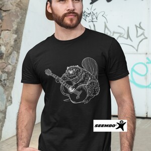 Beaver Playing Guitar Funny T-Shirt Gift for Men Cute Animal Shirt Guitar Lover Cool Rock Band Music Tshirt Awesome Forest Nature Tee SEEMBO