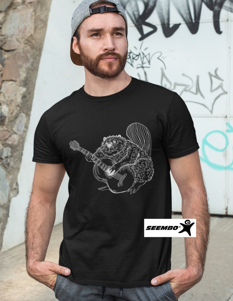 Beaver Playing Guitar Funny T-Shirt Gift for Men Cute Animal Shirt Guitar Lover Cool Rock Band Music Tshirt Awesome Forest Nature Tee SEEMBO
