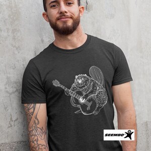 Beaver Playing Guitar Funny T-Shirt Gift for Men Cute Animal Shirt Guitar Lover Cool Rock Band Music Tshirt Awesome Forest Nature Tee SEEMBO