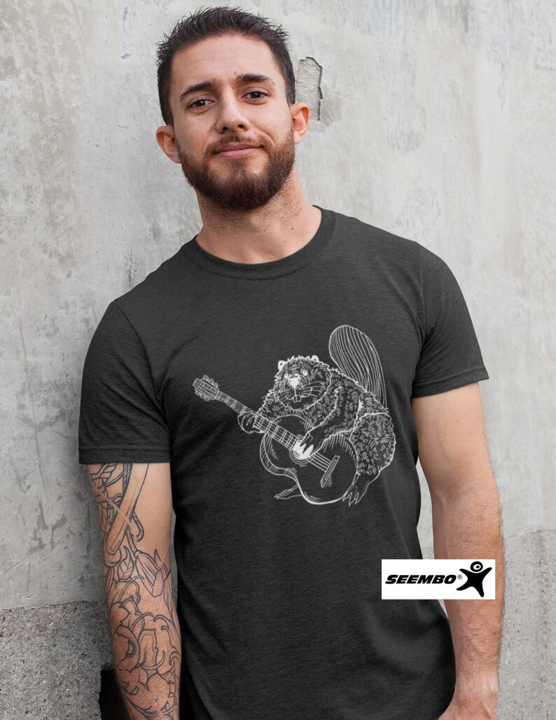 Beaver Playing Guitar Funny T-Shirt Gift for Men Cute Animal Shirt Guitar Lover Cool Rock Band Music Tshirt Awesome Forest Nature Tee SEEMBO