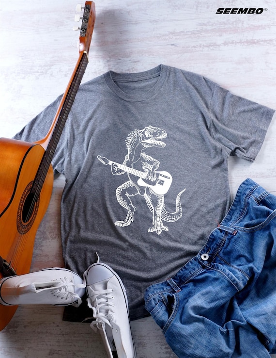 Dinosaur Playing Guitar T-Shirt, Funny Guitarist Shirt for Men, Animal Lover Shirt, Musician Gifts Music Band Shirts, Dinosaur Tshirt SEEMBO