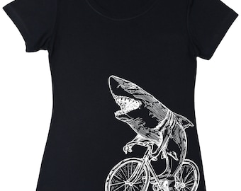 Shark Cycling Bicycle Women's T-Shirt, Bike Shirt Cyclist Bike Gift, Beach Ocean Nautical Bicycling Shirt, Sea Funny Shark Biker Tee SEEMBO
