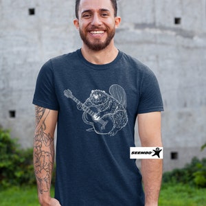 Beaver Playing Guitar Funny T-Shirt Gift for Men Cute Animal Shirt Guitar Lover Cool Rock Band Music Tshirt Awesome Forest Nature Tee SEEMBO