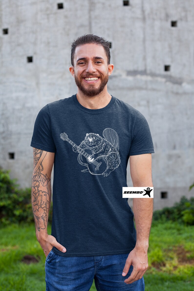 Beaver Playing Guitar Funny T-Shirt Gift for Men Cute Animal Shirt Guitar Lover Cool Rock Band Music Tshirt Awesome Forest Nature Tee SEEMBO