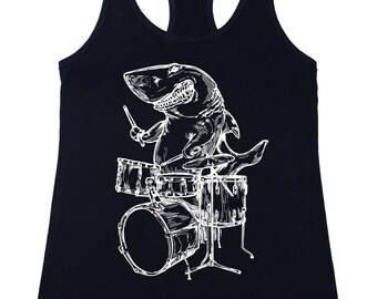 Shark Playing Drums Women's Tank Top Poly-Cotton Gift for Her Girlfriend Gift for Birthday Drummer Gift for Mom Musician Wife Gifts SEEMBO