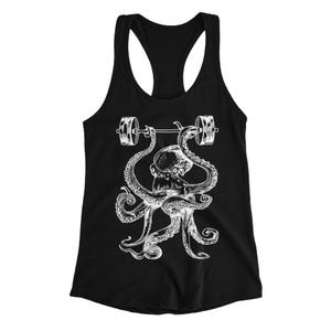 Camiseta de tirantes para mujer con diseño de pulpo levantando pesas, ideal como regalo divertido para el gimnasio (SEEMBO).