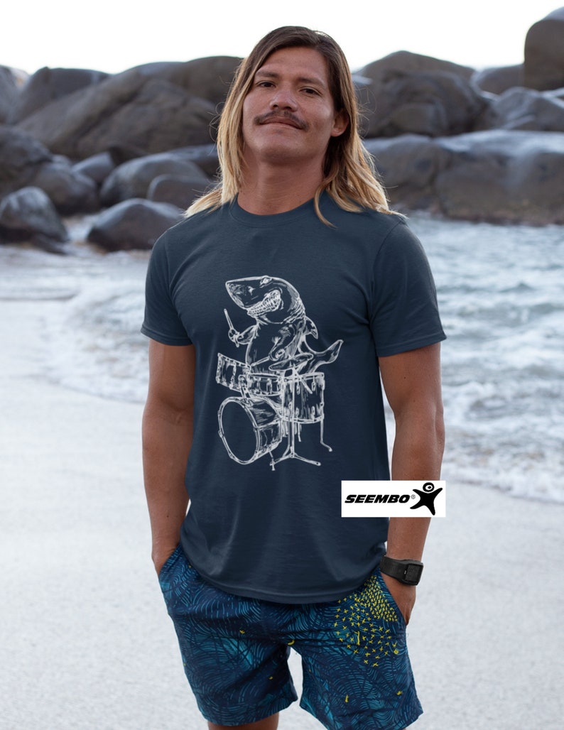 Shark Playing Drums Tshirt, Funny Drummer Shirt for Men, Cool Drumming
