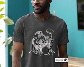 Octopus Playing Drums T-Shirt, Funny Drummer Shirt for Men, Rock Tees Musician Gift, Music Lover Shirts, Beach Tshirt, Drumming Gifts SEEMBO