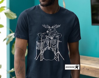 Moose Playing Drums T-Shirt, Funny Drummer Rock Musician Tee for Men SEEMBO