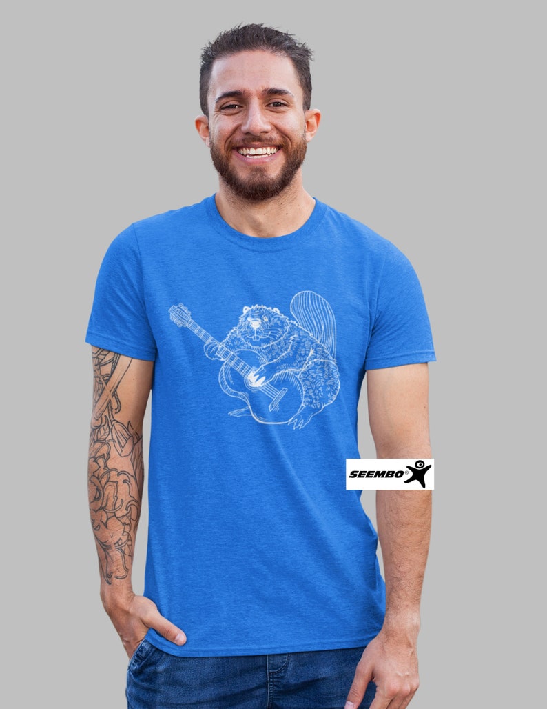 Beaver Playing Guitar Funny T-Shirt Gift for Men Cute Animal Shirt Guitar Lover Cool Rock Band Music Tshirt Awesome Forest Nature Tee SEEMBO