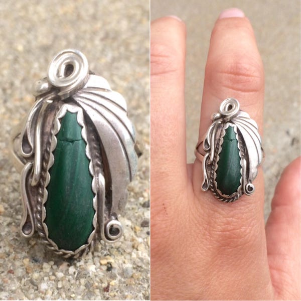 vintage Native American sterling silver malachite southwestern ring size 8.75 **CRACKED STONE**