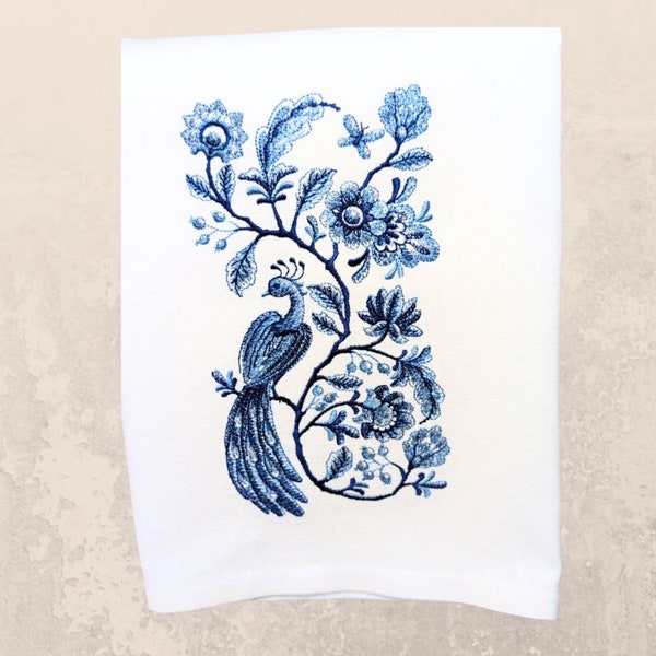 Vintage Inspired Delft Blue Tea Towel - Peacock and Flower Design, Kitchen Decor