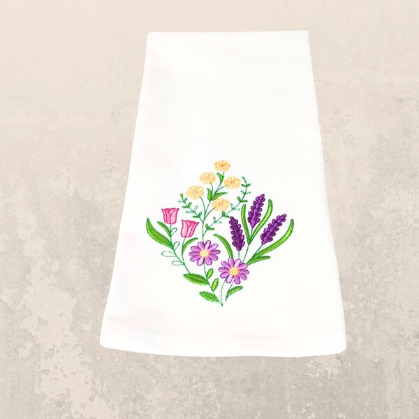 Vintage-Inspired Wild Blooms Embroidered Tea Towel - Floral Kitchen Decor